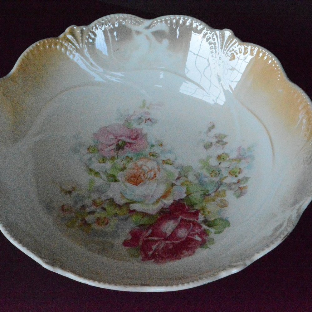 Antique Germany Decor Bowl Dish Floral Roses 9"